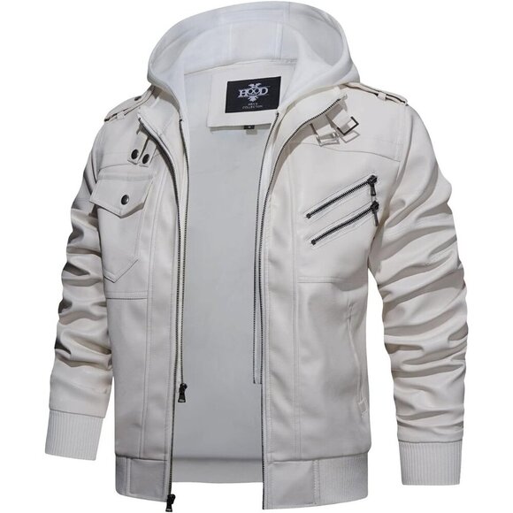 🆕 Hood Crew PU Faux Leather Zipper Jacket Men White Stand Collar Bomber Hood - Picture 2 of 6